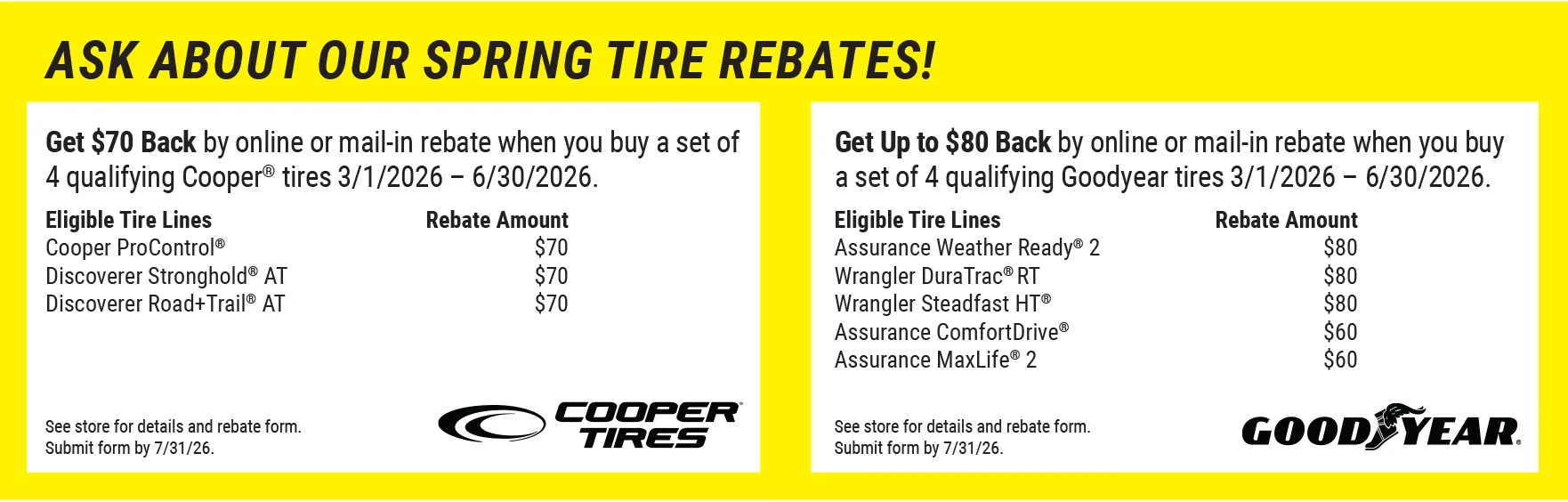 Ask about our spring tire rebates